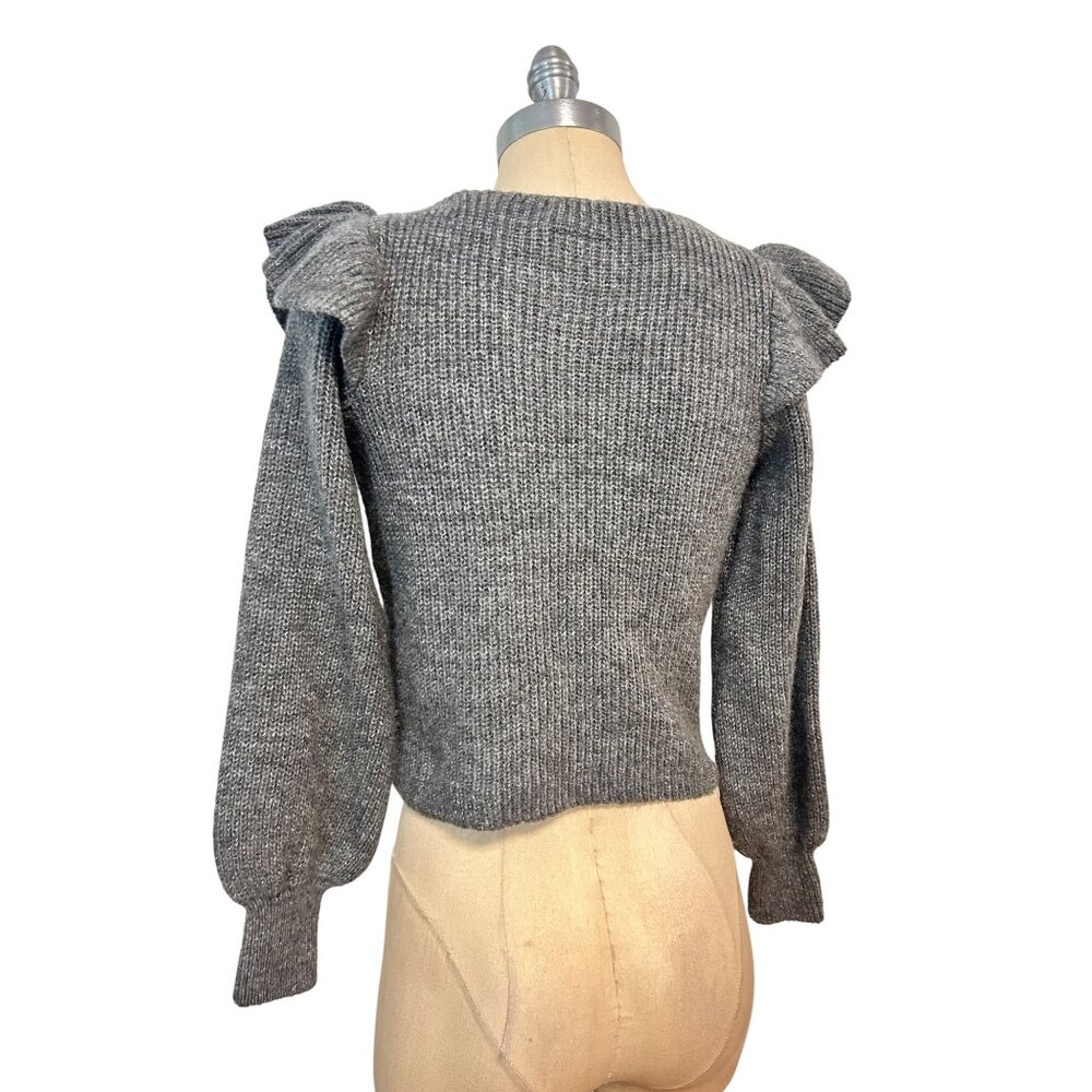 Gray Ruched V-Neck Knit Sweater - Picture 5 of 6